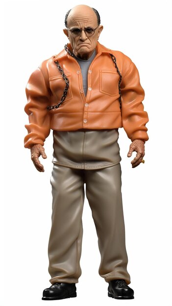 shiny plastic collectible action figure likeness of rudy giuliani dressed in prison clothing