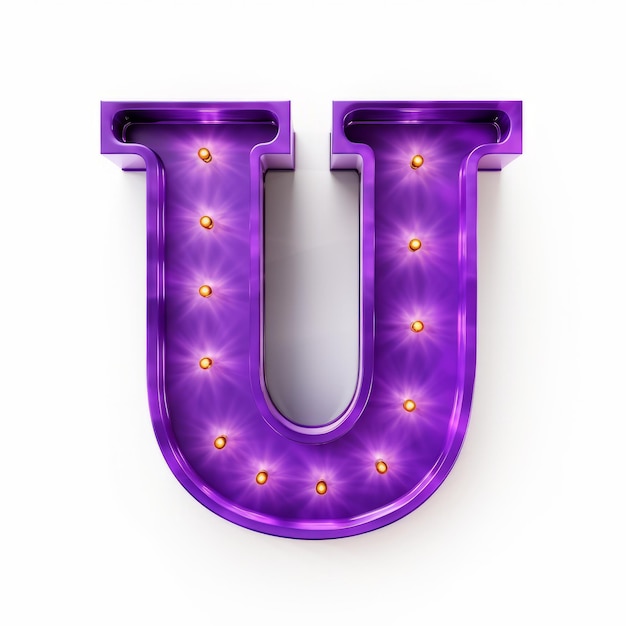 Фото Блестящая фиолетовая освещенная буква u на белом фоне