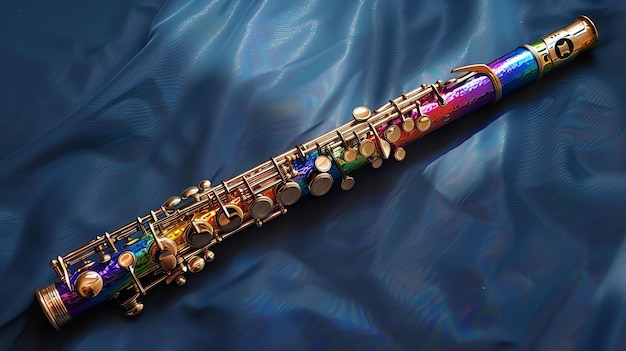 Foto un sassofono color arcobaleno lucido giace su un panno blu il sassofone è fatto di metallo e ha una bella finitura iridescente