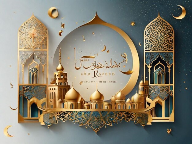 Shiny ramadan kareem islamitische groetkaart sjabloon met gouden maan lentarn moskee banner ontwerp