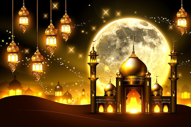 Shiny ramadan kareem moon and mosque card design