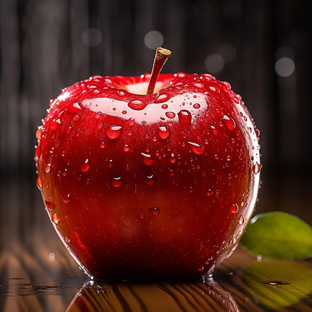 A shiny red apple sitting on a wooden table