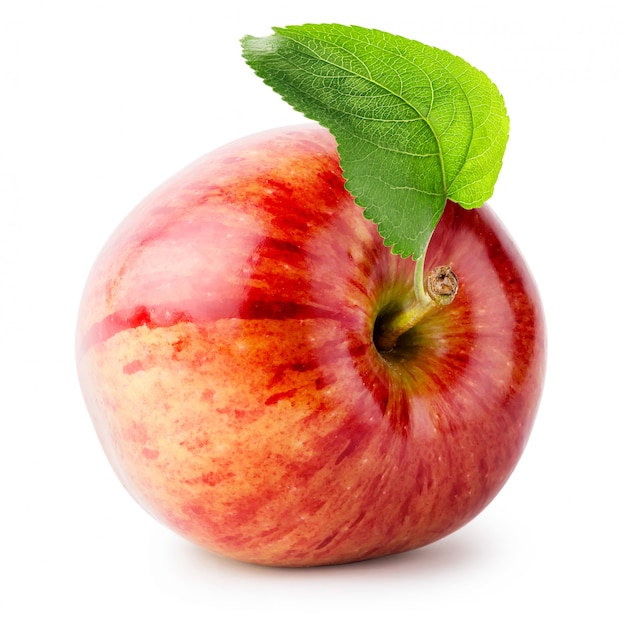Блестящее красное яблоко с зеленым листом