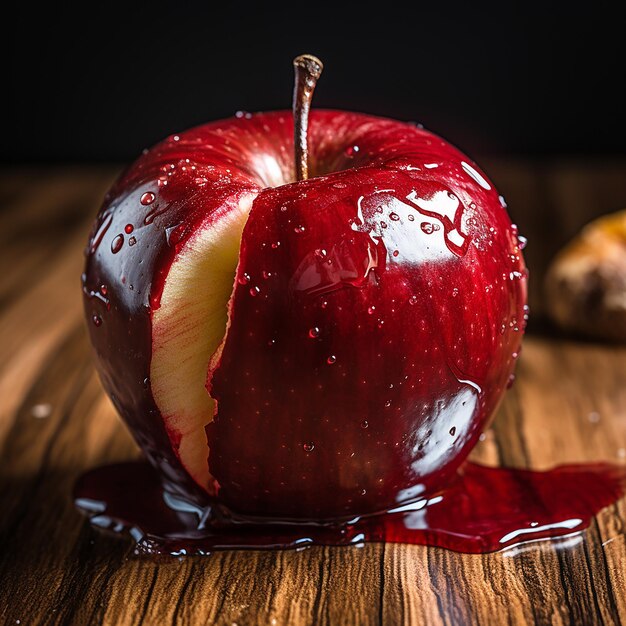 Photo shiny red apple on wooden table