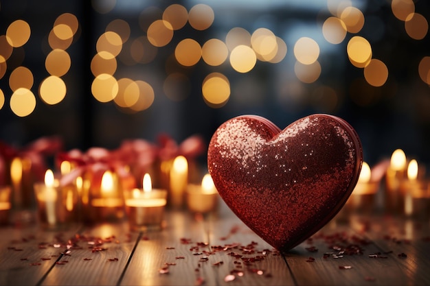写真 輝く赤い心と金色のボケ背景のろうそく バレンタインデーのバナー