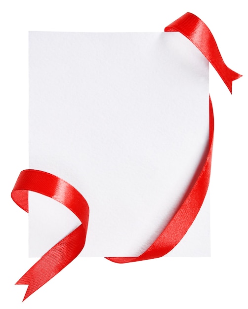 Photo shiny red ribbon with card isolated on white