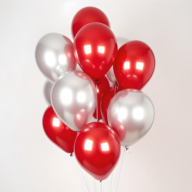 Блестящие красные и серебряные воздушные шары, плавающие вверх, символ празднования и декорации вечеринки, необходимые для радостных событий.