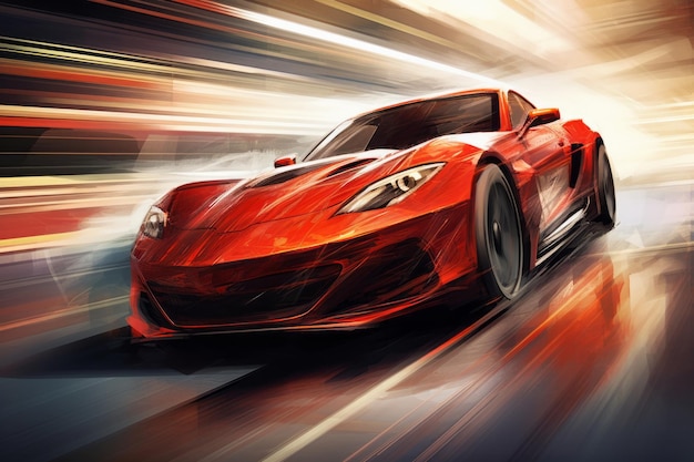 Foto auto sportiva rossa luccicante che guida ad alta velocità arte in movimento