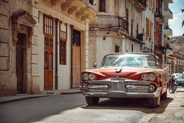 Shiny retro car parked on the street of Havana Cuba