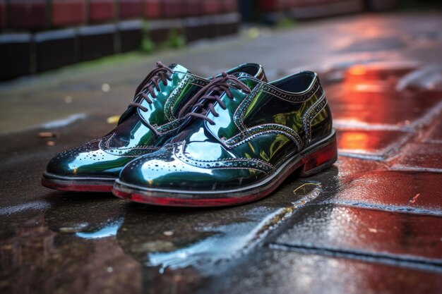 Photo shiny shoes standing on a wet pavement