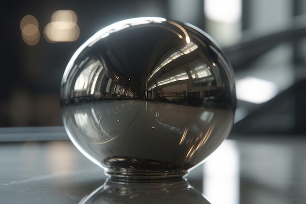 A shiny silver ball sits on a table in a dark room