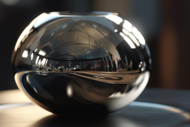 A shiny silver ball sits on a table in a dark room.