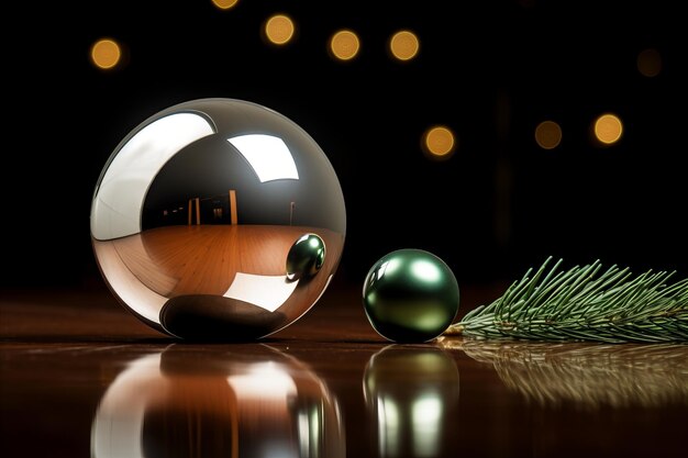 A shiny silver ball sits on a table with a christmas tree in the background