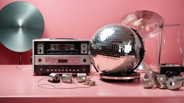 Shiny silver disco ball placed near vintage cassette player on pink background Retro pop