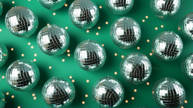 Shiny silver disco balls over a green background