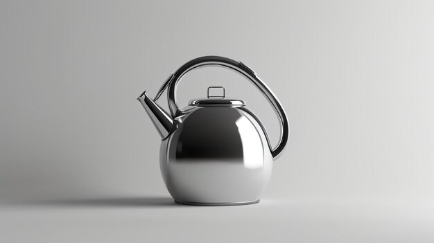 A shiny silver kettle sits on a white table The kettle is made of metal and has a curved handle The kettle is empty and is not being used