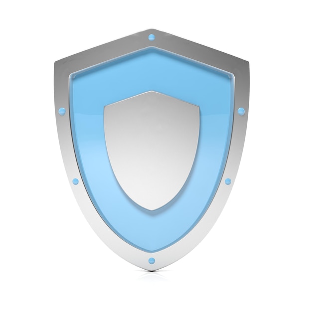 Shiny silver shield symbol isolated on white background