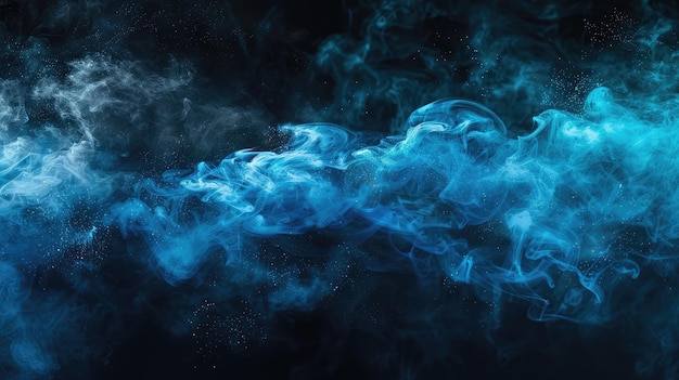 Shiny smoke Glitter fluid Ink water Magic mist Blue color particles texture paint vapor storm wave on dark black abstract background