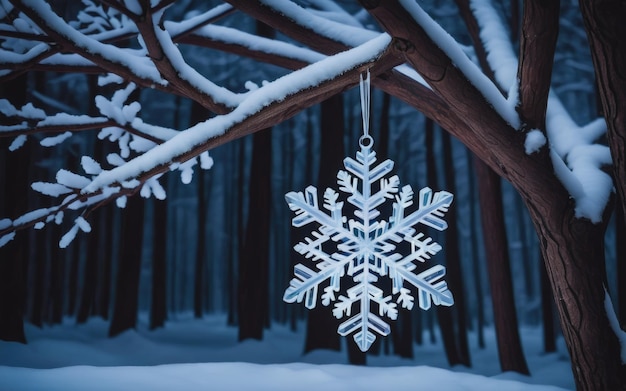 Shiny snowflake decoration glows on dark tree