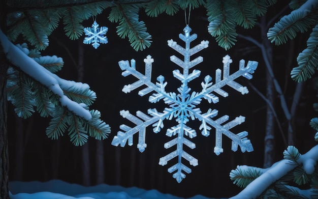 Shiny snowflake decoration glows on dark tree