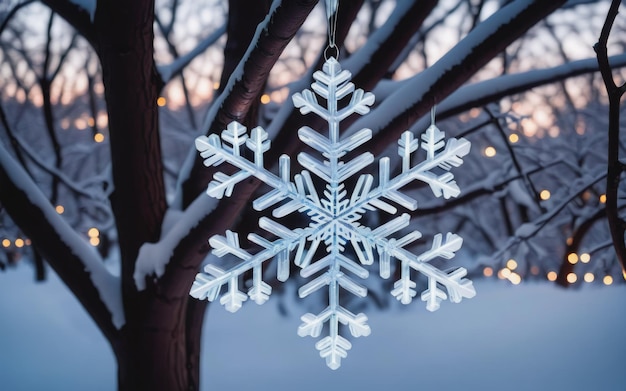 輝く雪花の装飾が暗い木に輝いています