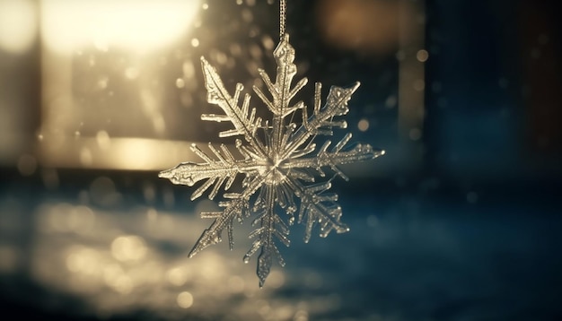 Shiny snowflake decoration illuminates dark winter night outdoors generated by artificial intelligence