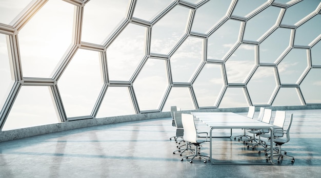 Shiny spacious modern hall with honeycomb window concrete floor and conference table 3D Rendering