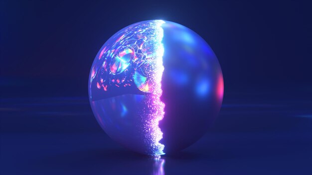 The shiny sphere changes its shell Under the blue shell a crystal rainbow ball appears Blue neon color Particles