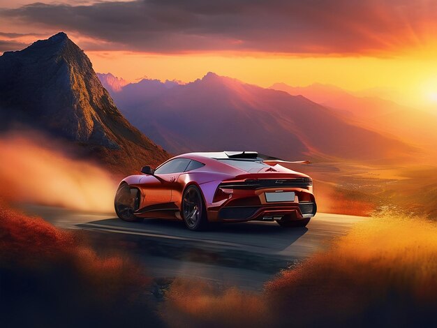 A shiny sports car speeds through the mountain landscape at sunset