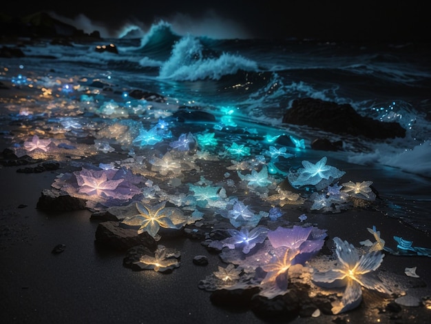 shiny stone on black sand in night sea background