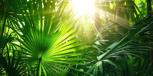 shiny sunlight in an idyllic green palm garden tropical vegetation background banner with copy spac