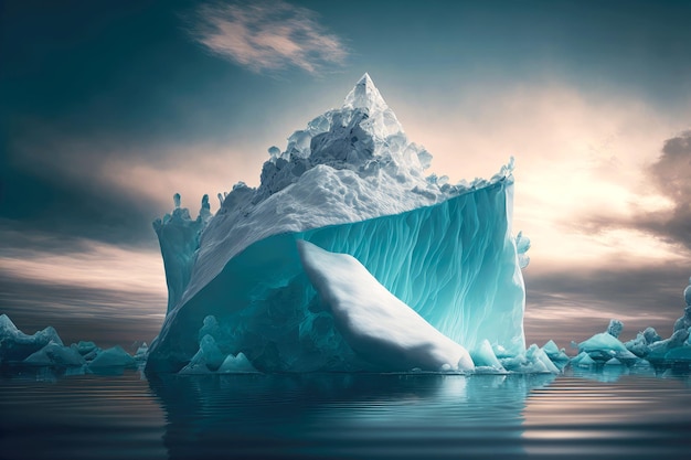 Shiny top of floating iceberg rises above ocean