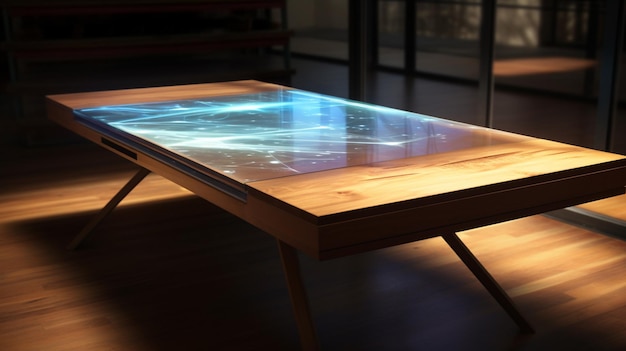 写真 木製テーブルの上の光沢のあるタッチ スクリーンが部屋を照らします