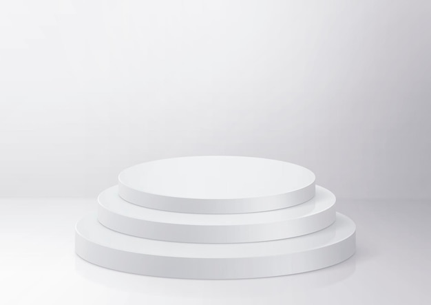 Shiny white round pedestal podium Abstract high quality 3d concept illuminated pedestal by spotlights on white background Futuristic background can be add on banners flyers ro web 3d render