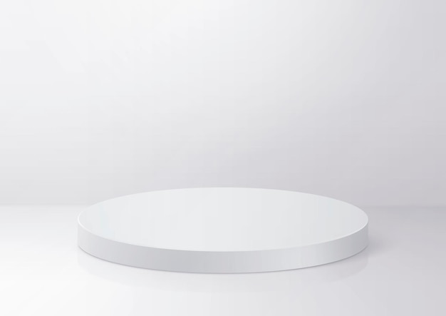 Shiny white round pedestal podium Abstract high quality 3d concept illuminated pedestal by spotlights on white background Futuristic background can be add on banners flyers ro web 3d render