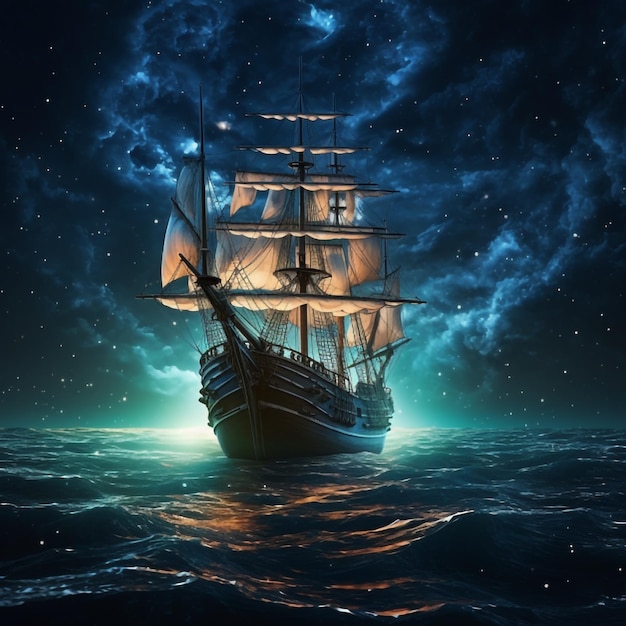 Ship Amid Northern Lights in Mystical Sea