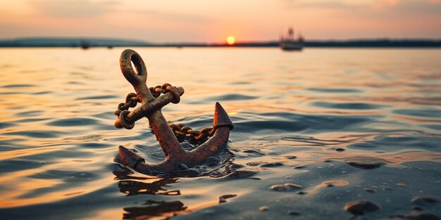 Ship Anchor on Sunset Background in Coastal Harbor