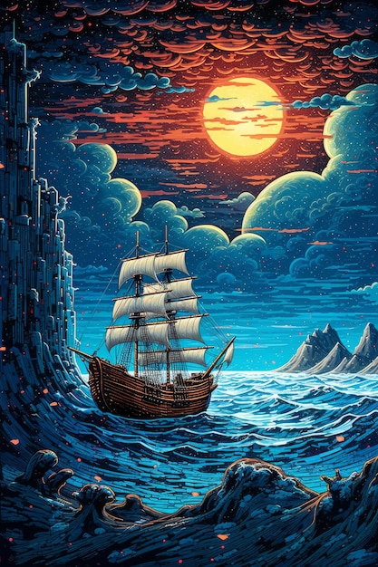 A ship anchored on a sea of rocks in the night