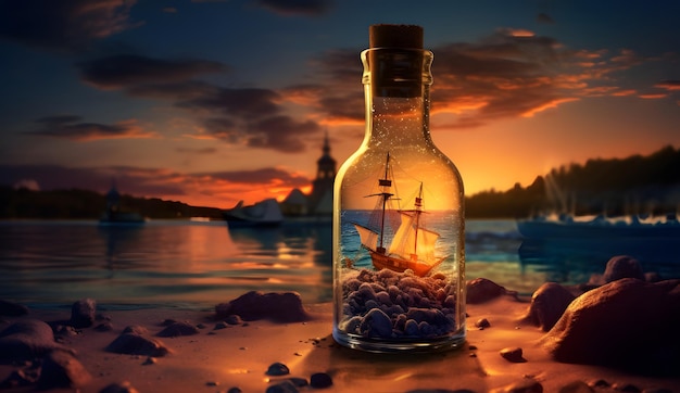 a ship in a bottle on the beach message in a bottle at sunset