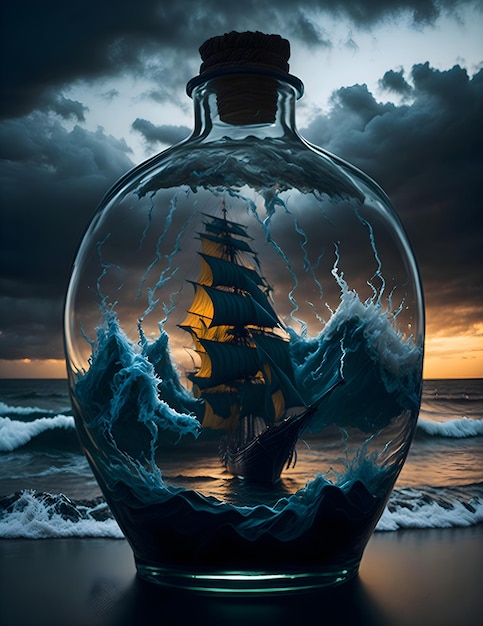 A ship in a bottle is on the beach