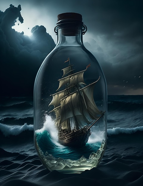A ship in a bottle is being filled with water.