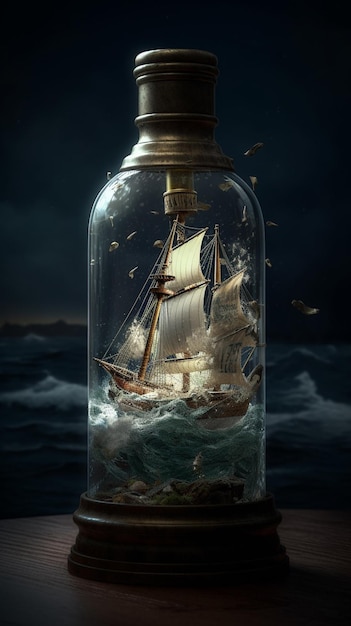 Корабль в бутылке с темным фоном