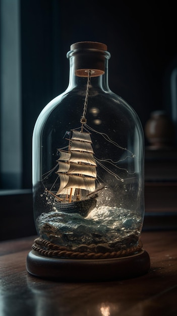 A ship in a bottle with waves and the word ship on it