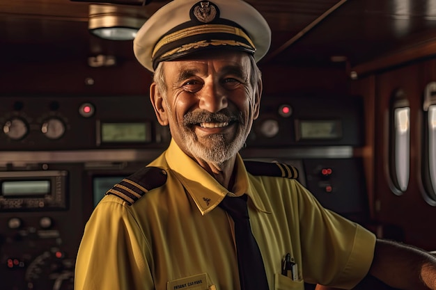 ship captain smiling inside the cockpit of the boat