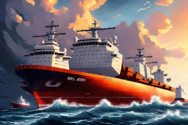Ship Cargo Transportcontainer in de zee oceaan met beukende golven Generatieve AI