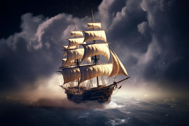 a ship in the clouds with the moon behind it