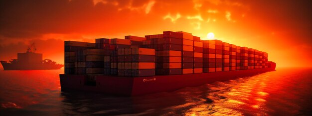 Photo ship container ship moving at sunset with containers