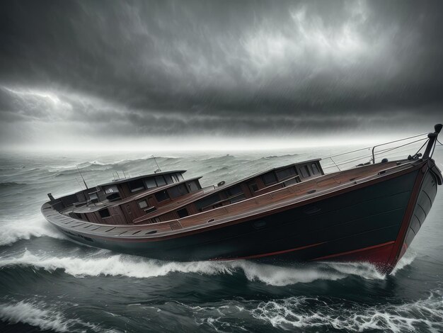 Foto una nave in un paesaggio marino buio e cupo durante una tempesta