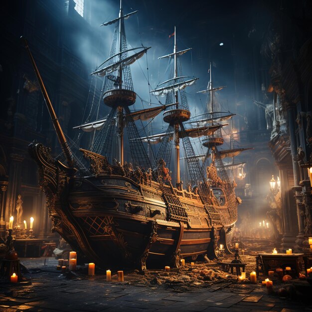 a ship in a dark room with candles in the middle.