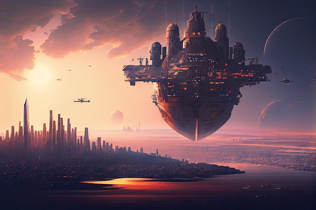 Ship descends to earth with view of city visible in the background